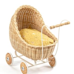 Poussette de poupée en osier naturel